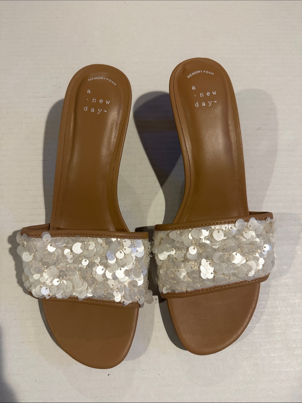 a new day White Sequin Slide Sandals with Tan Footbed